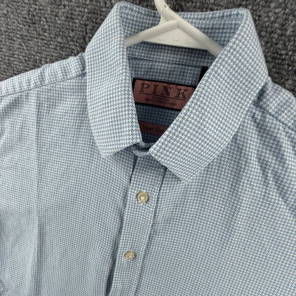 Thomas Pink Super Slim 14.5 Check Cotton Blue Shirt Long Sleeve Mens Button Up - Picture 4 of 16